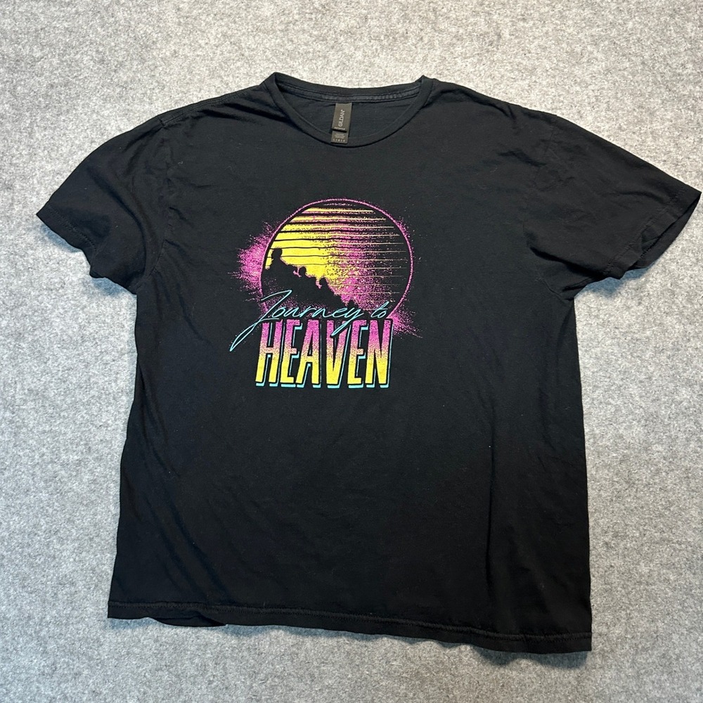 Gildan Journey to Heaven Graphic T-Shirt Large Black Retro Sunset Cotton